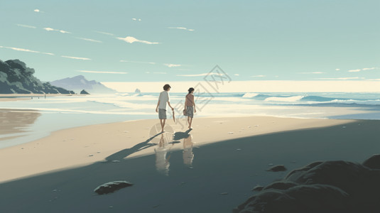 恋人沿着海岸线行走动漫插图背景图片