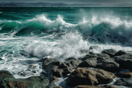 波浪撞击岩石海岸线图图片