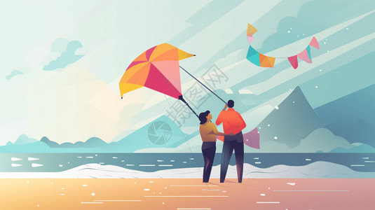 情侣沙滩放风筝插图图片