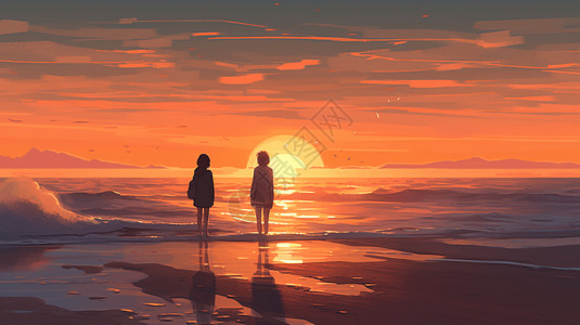 夫妇散步情侣沙滩散步落日场景插画