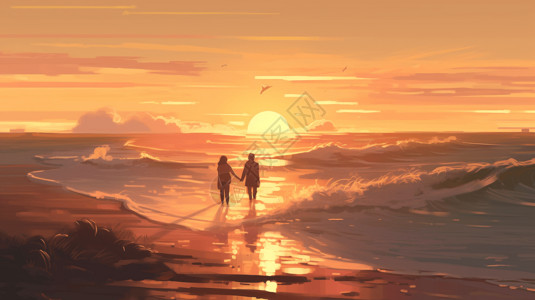 情侣沙滩散步场景插图高清图片