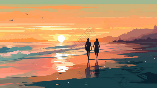 太阳在手夫妇在沙滩行走场景插画