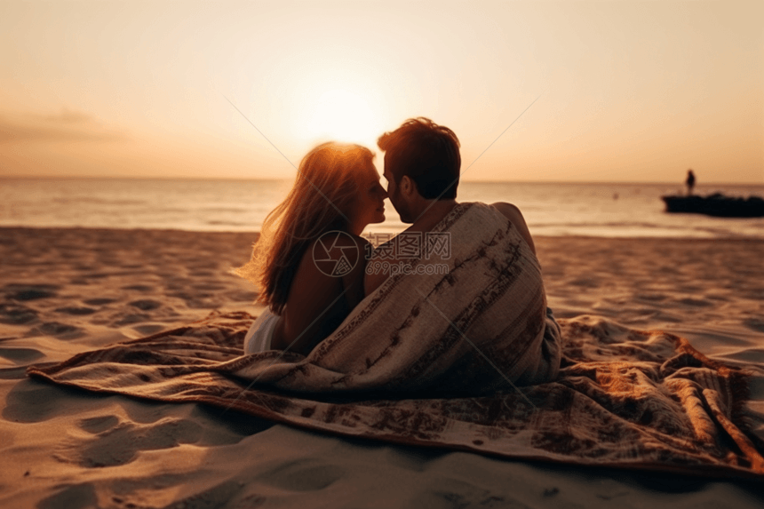 情侣沙滩欣赏日落图片