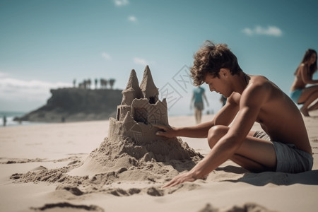 玩沙雕的男孩男孩在沙滩建造沙堡背景