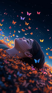 跪在地上的女孩3D卡通女孩在蝴蝶中入睡场景设计图片