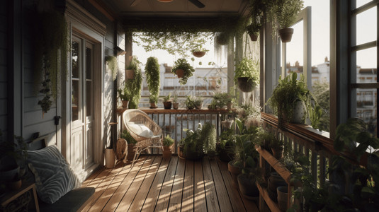 阳台藤椅带悬挂植物的阳台背景
