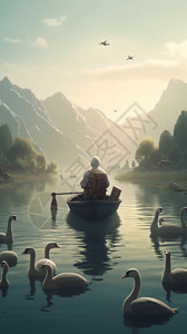 男人在湖中划着小船插图图片