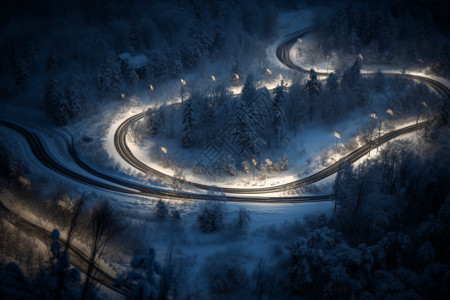 山路夜景明亮的街道线路插画