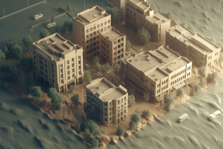 山洪暴发对城市损坏3D插图图片
