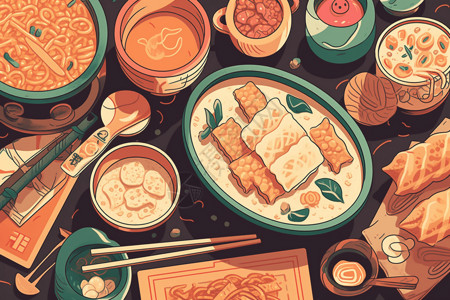 美食油条早餐经典中式餐插画