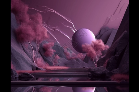 紫色风景壁纸3D渲染图背景图片