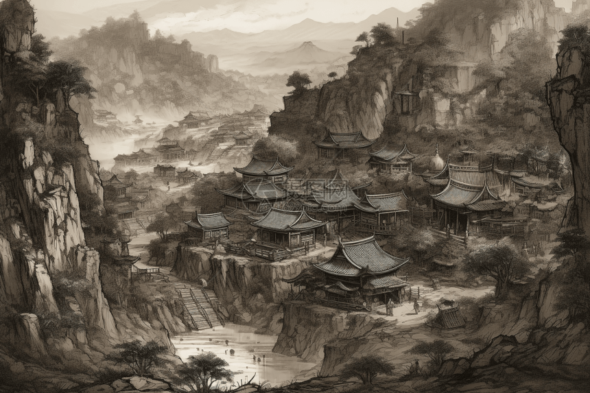 中国村庄的水墨画图片