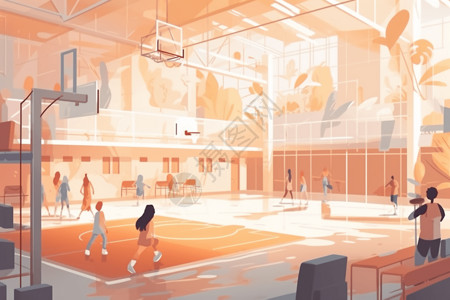 PVC运动地板打篮球的学生插画
