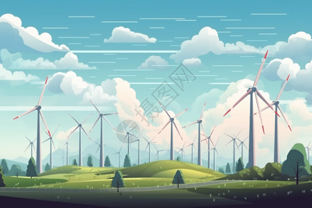 可再生资源风力发电机在草原上插画
