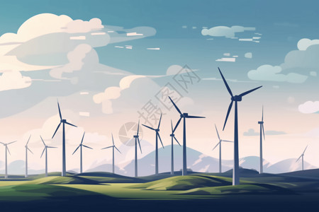 在生能源风力发电机在平原上插画