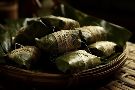 一捆粽子一捆用竹叶包裹的糯米背景