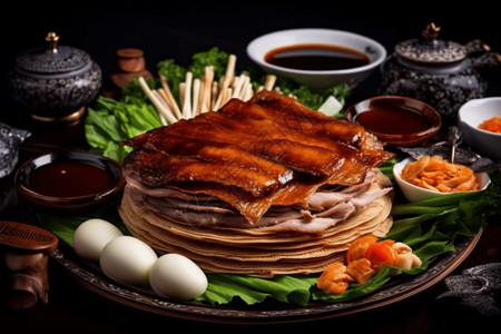 配有薄饼和海鲜酱的北京烤鸭图片