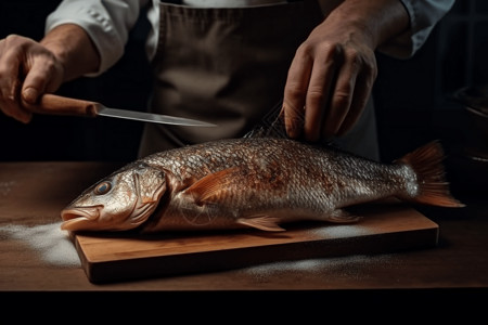 厨师刀工厨师熟练地处理一条鱼背景