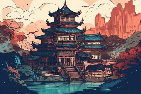 雄伟的中国宫殿平面插图背景图片