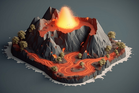 环境灾难火山爆发3D粘土景观插画