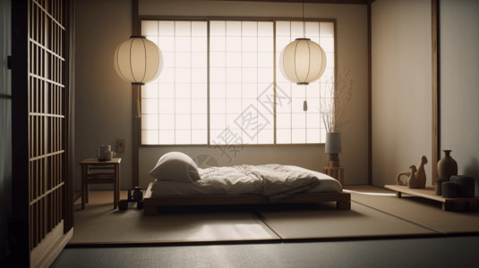 日式和纸禅宗卧室渲染图设计图片