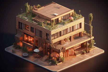 房屋渲染素材等距木制精品酒店渲染图背景
