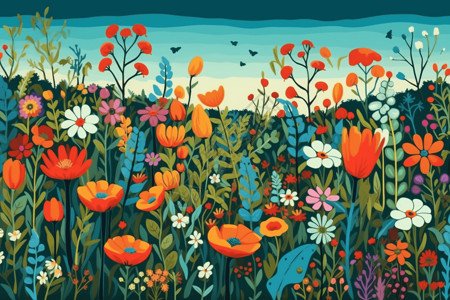 鲜花和蓝天的平面插图背景图片