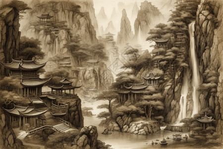 中国庭院山水画背景图片