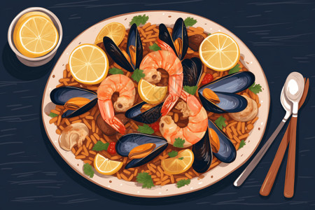 一盘蛤蜊海鲜饭平面插图插画
