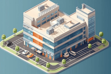 医院停车场新型现代医院的等距外观视图设计图片