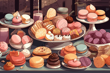 法式马卡龙法式蛋糕店平面插图插画