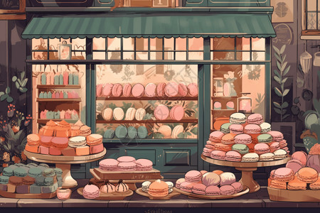 蛋糕店橱窗精致的糕点平面插图插画