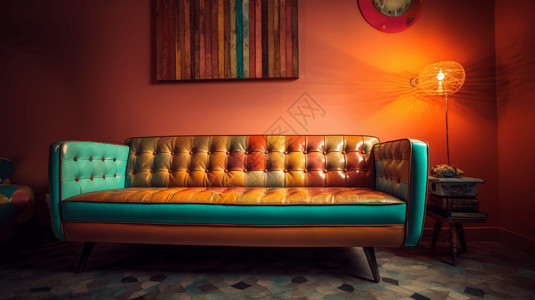 90年代客厅复古主题空间中的70年代风格沙发，大胆明亮的色彩，超高清，柔和的背景设计图片