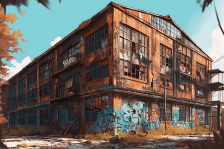 涂鸦覆盖的废弃工厂大楼图片
