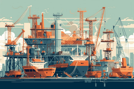 大连船厂停满轮船的码头插画