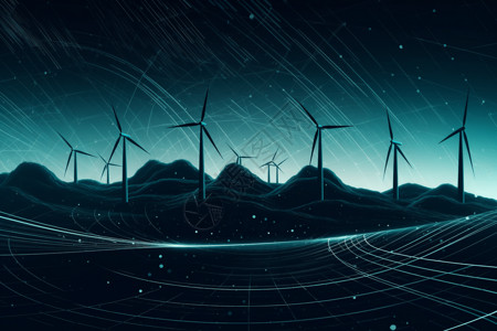 盾叶天胡荽山上的风力发电机插画