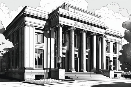 博物馆建筑的黑白素描风格图片