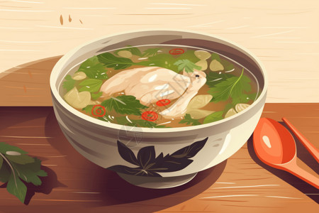 竹荪鸡汤鲜美的鸡汤插画