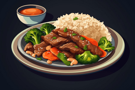 炒大米一盘鲜嫩可口的蔬菜炒牛肉插画