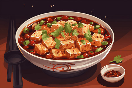美食  川菜一碗芳香辛辣的麻婆豆腐插画