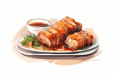 脆哨面一盘多汁的广式烤猪肉插画