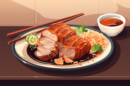 广式烤肉皮脆烧肉插画