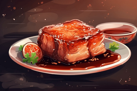 牛排面脆皮广式烤肉插画