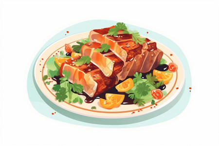脆肉鲩一盘多汁的广式烤肉插画