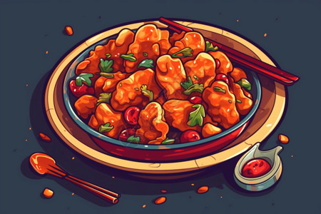 油炸饺子美味的糖醋鸡胸肉插画