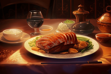 传统的葡萄酒餐桌上的北京烤鸭插画