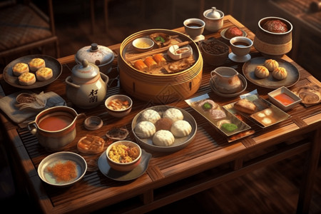 中国茶馆正宗中国菜的香气和风味插画