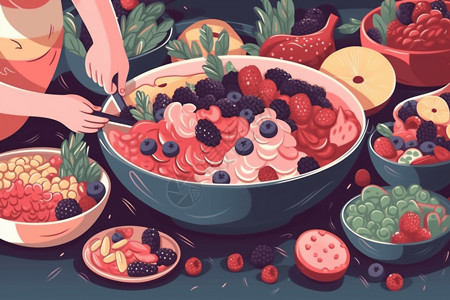一碗清爽的水果冰沙图健康的冰沙碗插画