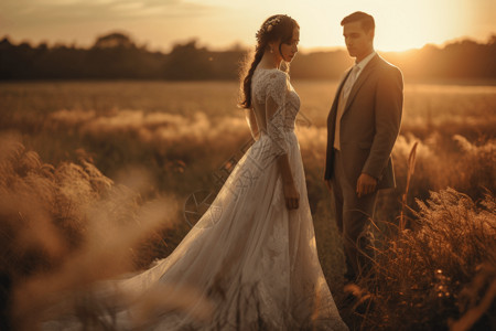 日落下的新娘和新郎图片