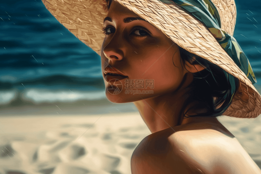 沙滩上晒日光浴的女人图片